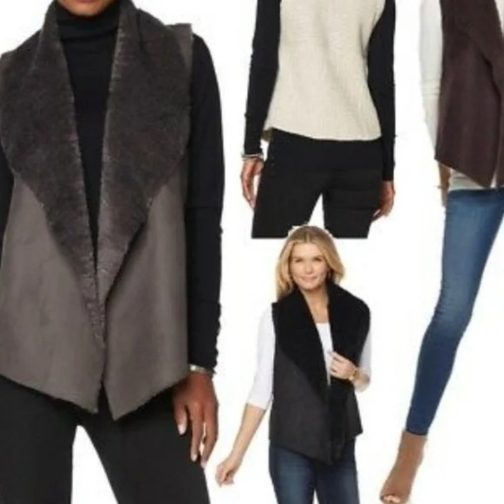 Faith & Zoe Gray Faux Suede and Sherpa Sweater Vest Size Medium